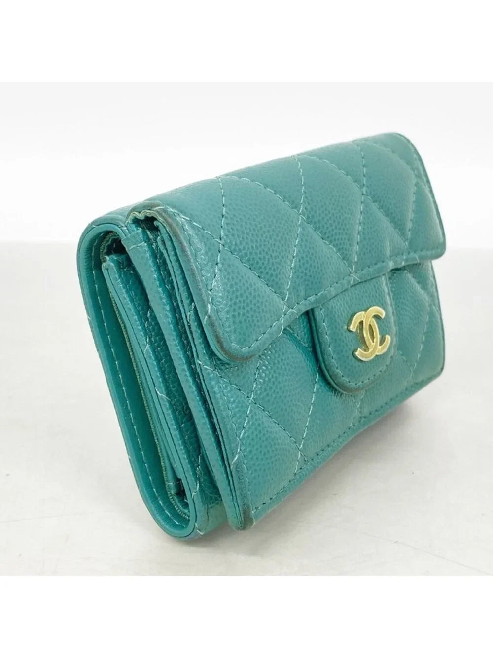 Chanel Trifold Wallet Quilted Caviar Leather Green Champagne Gold